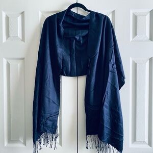 STUDIO 36 NAVY FRINGE TRIM RECTANGLE SCARF COASTAL PREPPY Made In India Blue